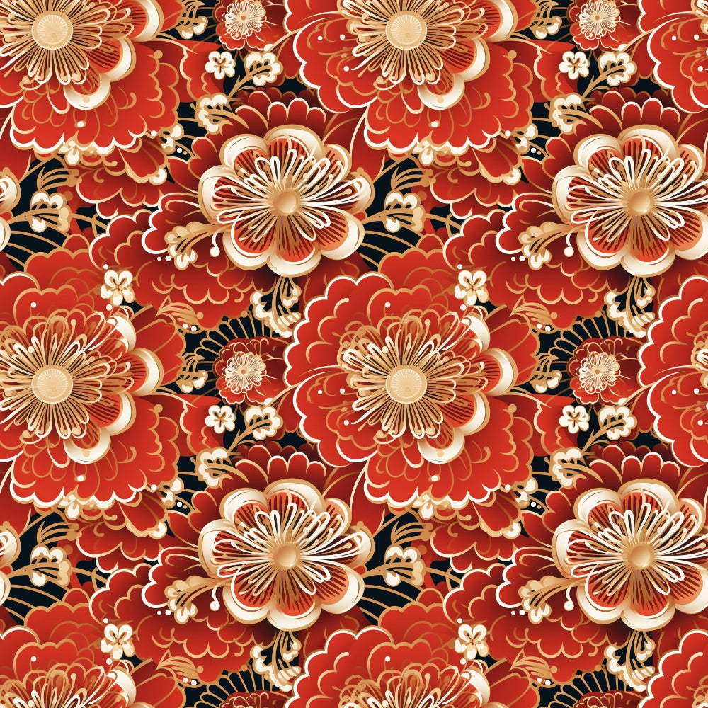 red fabric, coral red, cream accents, black details, floral pattern, blooming flowers, layered petals, ornate blooms, decorative motifs, asian inspired, botanical design, repeating pattern,, fabric panel, intricate details, warm tones, rich colors, elegant florals, textile art, crafting material