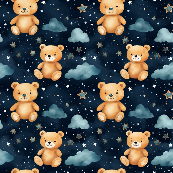 navy blue, orange, teddy bears, stars, clouds, night sky, repeating pattern,, fabric panel, cute animals, nursery theme, celestial elements, watercolor style, children's design, soft colors, whimsical, dreamy atmosphere, baby fabric, starry night, fabric for toys