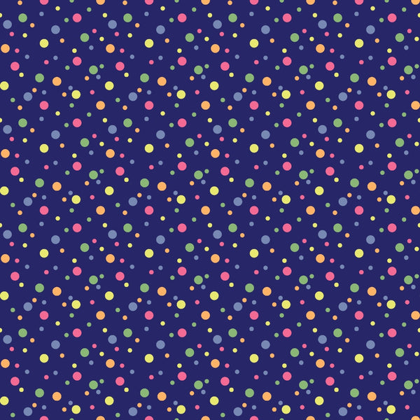 navy blue background, multicolored dots, confetti pattern, scattered circles, yellow dots, pink dots, green dots, orange dots, purple dots,, fabric panel, polka dots, geometric design, cheerful pattern, bright colors, random placement, circular motifs, colorful spots, festive design, playful pattern