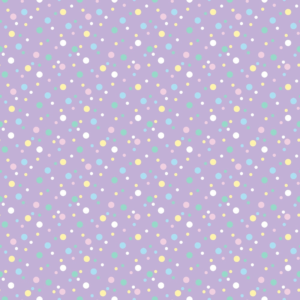 lavender background, pastel dots, confetti pattern, scattered circles, white dots, yellow dots, pink dots, mint green dots, turquoise dots, polka dot design, geometric pattern, whimsical style,, fabric panel, cheerful mood, playful design, random placement, multi-colored spots, soft pastels