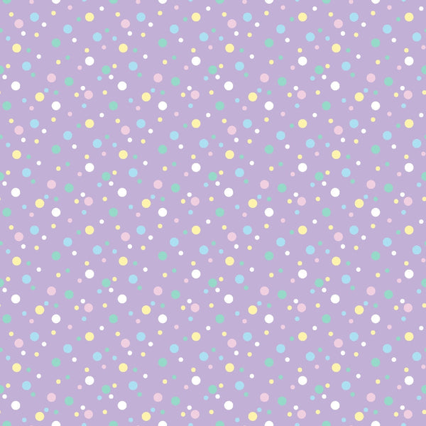 lavender background, pastel dots, confetti pattern, scattered circles, white dots, yellow dots, pink dots, mint green dots, turquoise dots, polka dot design, geometric pattern, whimsical style,, fabric panel, cheerful mood, playful design, random placement, multi-colored spots, soft pastels
