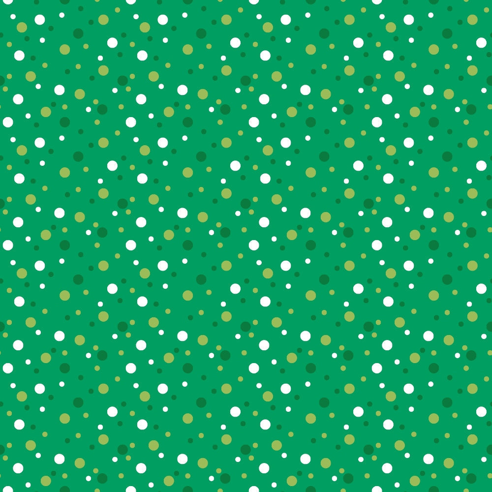 green background, white dots, yellow dots, olive dots, polka dots, confetti pattern, scattered circles, geometric design,, fabric panel, bright colors, random placement, playful pattern, cheerful mood, small dots, medium dots, varied sizes, festive design, cotton fabric, craft material