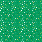 green background, white dots, yellow dots, olive dots, polka dots, confetti pattern, scattered circles, geometric design,, fabric panel, bright colors, random placement, playful pattern, cheerful mood, small dots, medium dots, varied sizes, festive design, cotton fabric, craft material