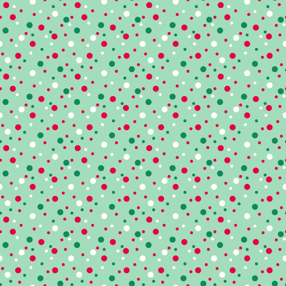 mint green, sage green, red dots, white dots, dark green dots, polka dots, confetti pattern, scattered dots,, fabric panel, festive colors, christmas colors, holiday theme, geometric pattern, repeating pattern, cheerful design, craft fabric, sewing material, cotton fabric