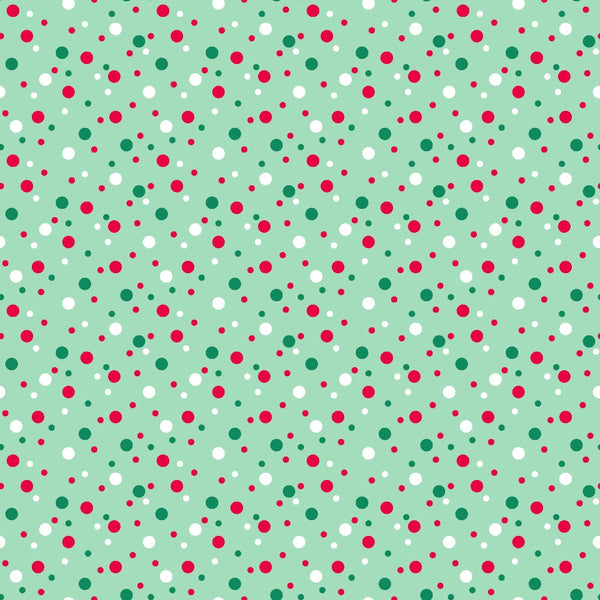 mint green, sage green, red dots, white dots, dark green dots, polka dots, confetti pattern, scattered dots,, fabric panel, festive colors, christmas colors, holiday theme, geometric pattern, repeating pattern, cheerful design, craft fabric, sewing material, cotton fabric