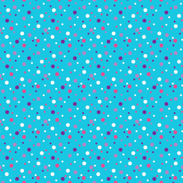 turquoise background, confetti dots, polka dots, scattered circles, white dots, pink dots, purple dots, magenta dots, geometric pattern, random placement, playful design, cheerful mood,, fabric panel, bright colors, festive pattern, multicolored dots, vibrant turquoise, celebration theme, joyful aesthetic