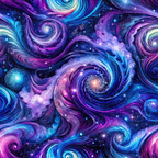 cosmic swirls, galaxy pattern, purple fabric, blue hues, turquoise accents, spiral design, celestial theme, nebula colors, starfield,, fabric panel, space motif, flowing curves, astronomical art, deep space, cosmic energy, swirling galaxies, mystical pattern, universe design, cotton fabric
