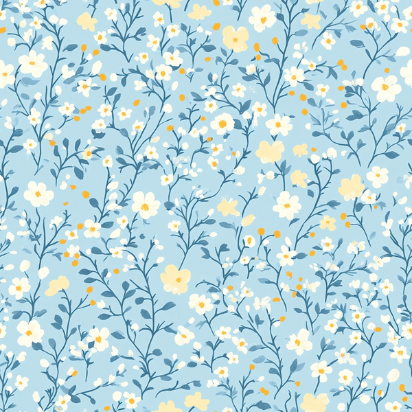 light blue, pale yellow, white flowers, delicate florals, small blooms, branching stems, cottagecore aesthetic, vintage style,, fabric panel, spring flowers, botanical pattern, soft pastels, romantic florals, garden theme, whimsical design, repeating motif, nature inspired, feminine pattern