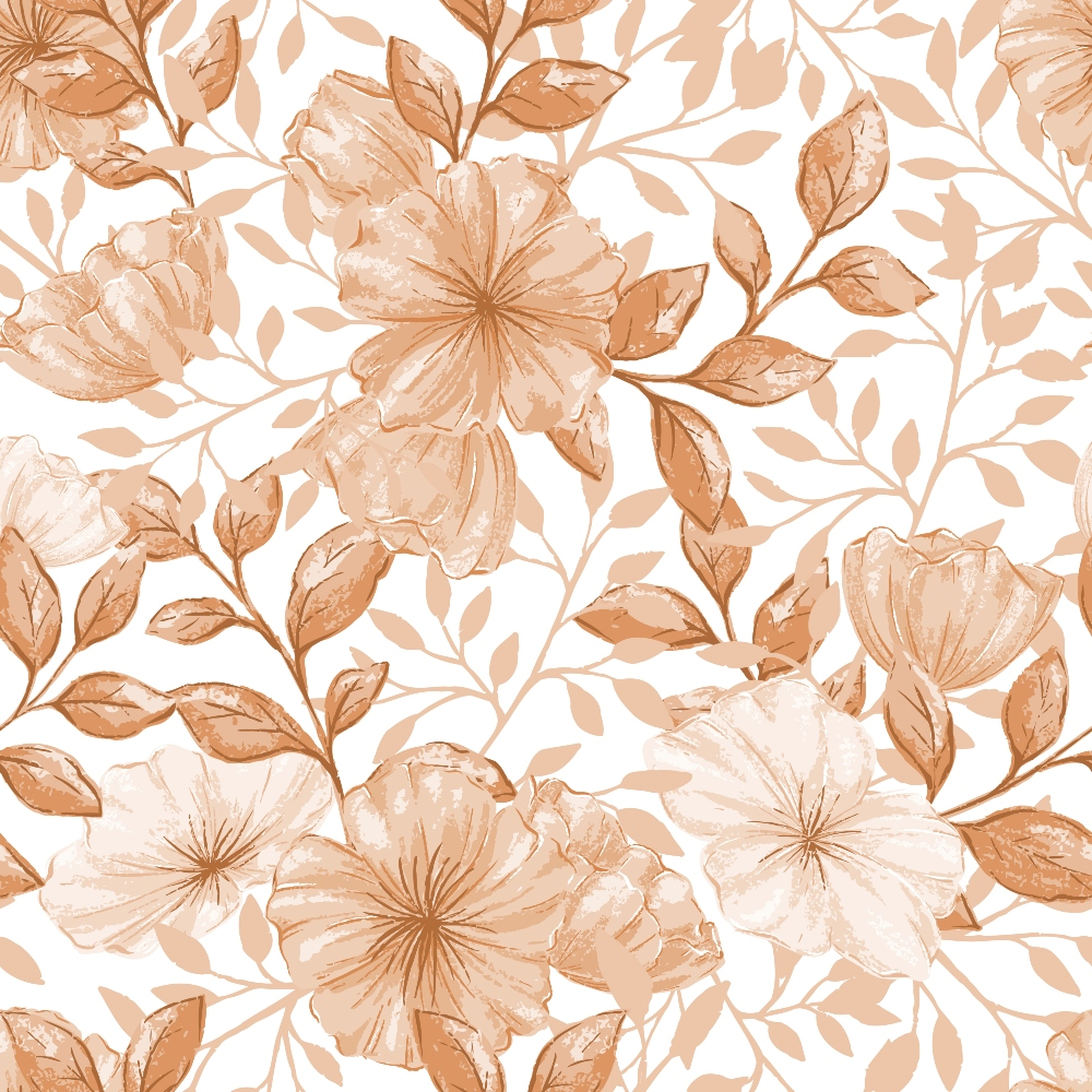 peach flowers, coral blooms, warm orange, soft pink, botanical pattern, floral motifs, large blossoms, leafy vines, watercolor style, seamless repeat,, fabric panel, spring florals, delicate petals, romantic mood, flowing branches, country garden, pastel tones, nature inspired, cotton fabric