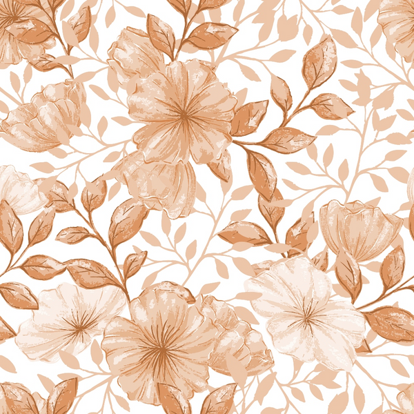 peach flowers, coral blooms, warm orange, soft pink, botanical pattern, floral motifs, large blossoms, leafy vines, watercolor style, seamless repeat,, fabric panel, spring florals, delicate petals, romantic mood, flowing branches, country garden, pastel tones, nature inspired, cotton fabric