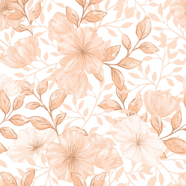 peach, blush pink, coral, floral pattern, botanical design, large flowers, leafy branches, delicate petals, soft watercolor, feminine style, romantic mood, seamless repeat,, fabric panel, spring flowers, garden blooms, pastel tones, flowing vines, nature motif, crafting material