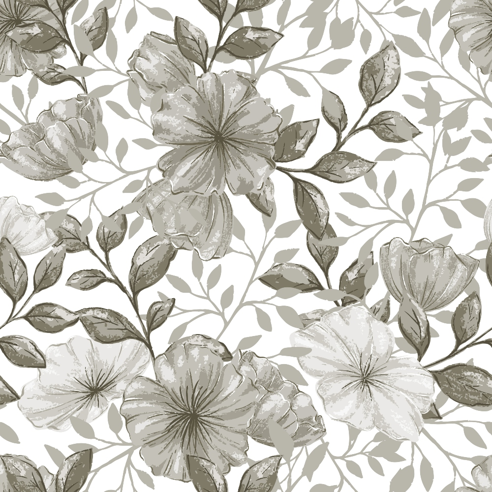beige, taupe, gray, sepia, monochromatic, floral pattern, large blooms, botanical design, leaves, vines, repeating pattern, vintage style, muted tones,, fabric panel, country flowers, nature motif, soft palette, watercolor effect, romantic florals
