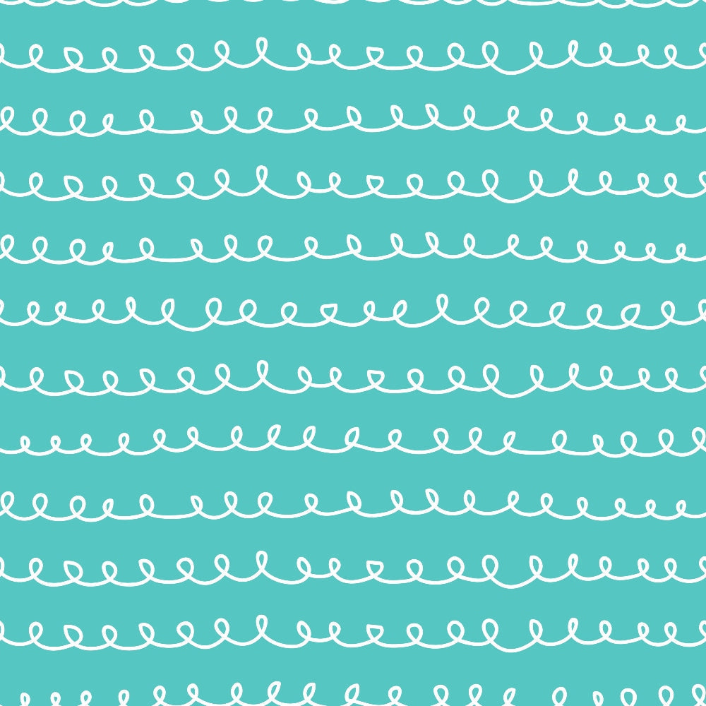 turquoise, teal, white, hand-drawn loops, curvy lines, abstract doodles, whimsical pattern, continuous spirals, flowing design,, fabric panel, playful style, repetitive motif, wavy borders, decorative swirls, modern pattern, craft fabric, sewing material