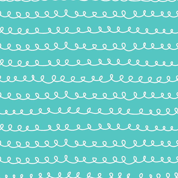 turquoise, teal, white, hand-drawn loops, curvy lines, abstract doodles, whimsical pattern, continuous spirals, flowing design,, fabric panel, playful style, repetitive motif, wavy borders, decorative swirls, modern pattern, craft fabric, sewing material