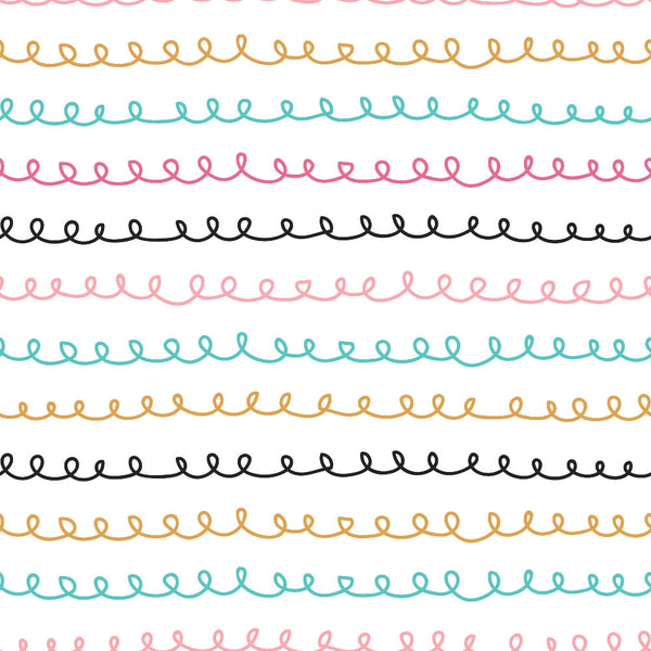 curvy lines, squiggly doodles, pink loops, turquoise swirls, yellow curves, black scribbles, abstract pattern, hand drawn, whimsical design, continuous loops, wavy borders, colorful stripes, playful motifs,, fabric panel, modern geometric, casual style, craft supplies