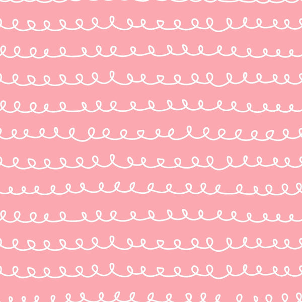pink background, white loops, curly lines, doodle pattern, abstract design, continuous curls, whimsical style, cotton fabric, quilting panel, repetitive motifs, hand-drawn look, soft pink, spiral elements, decorative lines, craft fabric, sewing material, feminine colors, playful pattern, wavy design, textile art