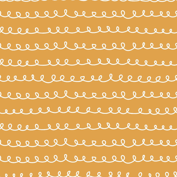 orange background, white loops, curly lines, continuous pattern, abstract doodles, hand drawn style, whimsical design, repeating motifs, cotton fabric, quilting panel, craft material, warm colors, playful pattern, wavy lines, decorative swirls, geometric curves, modern abstract, fabric yardage