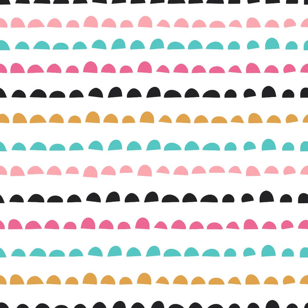 cute abstract doodles, scalloped borders, pink coral, teal turquoise, golden yellow, black, white background, geometric shapes, semicircle pattern, modern design,, fabric panel, playful style, colorful stripes, contemporary art, whimsical pattern, crafting material, sewing fabric