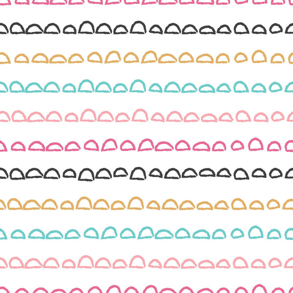 cute doodles, abstract pattern, scalloped shapes, rainbow colors, pink, teal, yellow, black, hand-drawn style, whimsical design,, fabric panel, repeating motifs, playful mood, modern pattern, geometric elements, colorful stripes, crafting material, sewing fabric, contemporary design