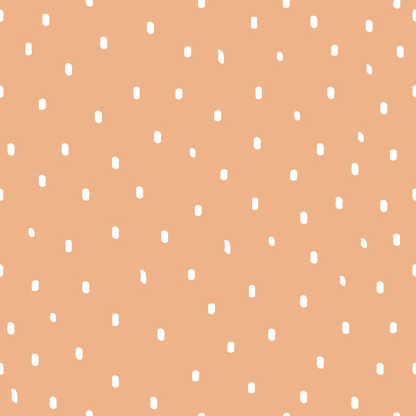 peach background, white polka dots, scattered dots, coral orange, salmon pink, pastel colors, geometric pattern, small dots, random placement, soft colors,, fabric panel, cheerful design, playful pattern, nursery fabric, baby quilt, dotted fabric, sweet design, light orange, whimsical dots