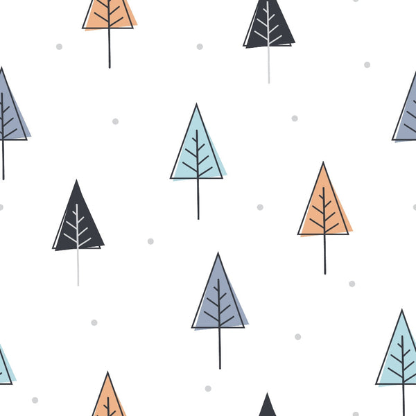 trees, forest, geometric trees, triangular shapes, orange, teal, navy blue, gray, white background, minimalist design, modern style, stylized trees, woodland theme, nature pattern,, fabric panel, scattered dots, clean lines, contemporary art, nordic style