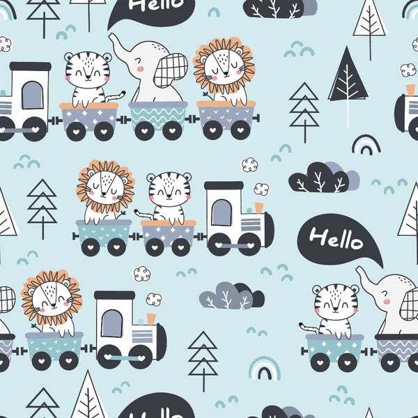 light blue, pale blue, train pattern, cute animals, lion, tiger, elephant, cartoon style, children's fabric, baby fabric,, fabric panel, whimsical design, nursery theme, playful pattern, soft colors, geometric trees, speech bubbles, seamless repeat, kawaii style