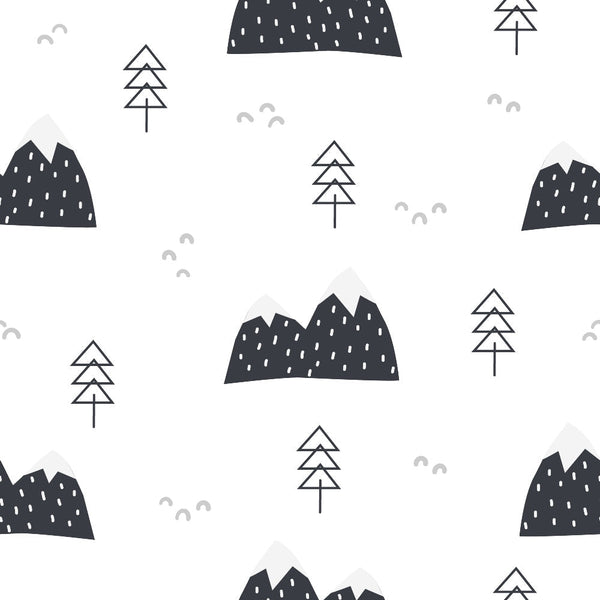 mountains, trees, geometric pattern, black and white, monochrome, minimalist design, nature scene, alpine landscape, evergreen trees,, fabric panel, modern style, scandinavian aesthetic, forest motif, mountain peaks, triangular shapes, clean lines, contemporary pattern, nursery fabric, outdoor theme