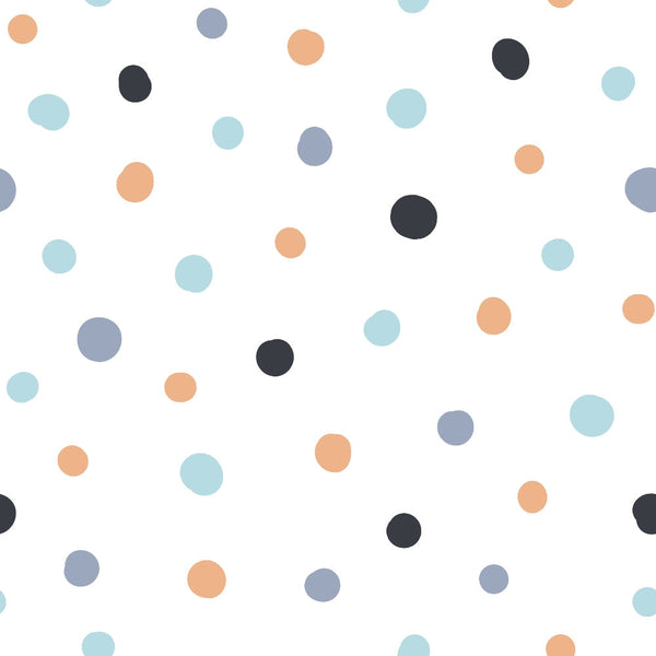 polka dots, scattered circles, light blue, peach orange, charcoal gray, slate blue, white background, geometric pattern, modern design,, fabric panel, contemporary style, minimalist, nursery fabric, craft material, sewing supplies, random placement, soft colors, muted tones