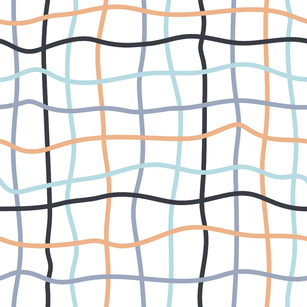 wavy lines, curved stripes, geometric pattern, coral orange, soft blue, charcoal black, light gray, intersecting lines,, fabric panel, modern abstract, flowing design, contemporary pattern, undulating grid, pastel colors, textile design, crafting material, sewing fabric, organic shapes