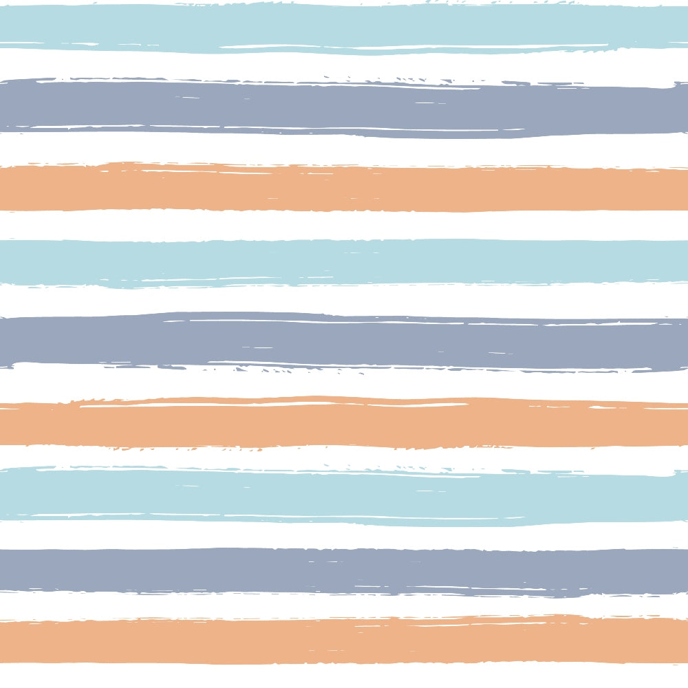 coral orange, sage green, dusty blue, white background, horizontal stripes, watercolor effect, soft brushstrokes, painted stripes,, fabric panel, pastel colors, gentle hues, artistic stripes, cotton fabric, muted tones, layered design, organic edges, contemporary style