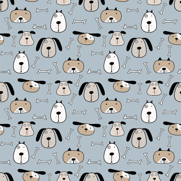 cute dogs, dog faces, bone pattern, light blue background, cartoon style, whimsical design, pet themed, repeating pattern,, fabric panel, playful mood, animal motif, brown dogs, black ears, white bones, scattered bones, dog portraits, cheerful pattern, crafting fabric, sewing material