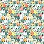 cute dogs, cartoon style, colorful pattern, pastel colors, mint green, coral pink, yellow, orange, teal, white, whimsical design, dog faces, pet theme, seamless repeat,, fabric panel, kawaii style, playful mood, animal print, craft fabric