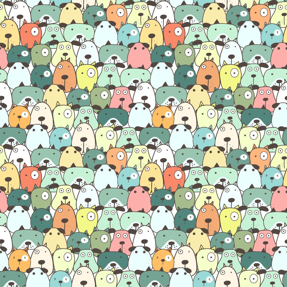 cute dogs, cartoon style, colorful pattern, pastel colors, mint green, coral pink, yellow, orange, teal, white, whimsical design, dog faces, pet theme, seamless repeat,, fabric panel, kawaii style, playful mood, animal print, craft fabric