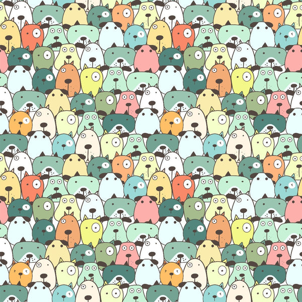 cute dogs, cartoon style, colorful pattern, pastel colors, mint green, coral pink, yellow, orange, teal, white, whimsical design, dog faces, pet theme, seamless repeat,, fabric panel, kawaii style, playful mood, animal print, craft fabric