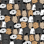 cute dogs, dog faces, cartoon style, animal pattern, white dogs, brown dogs, gray dogs, black dogs, tan dogs, beige dogs,, fabric panel, kawaii style, pet theme, dog lovers, seamless pattern, adorable animals, minimalist design, playful mood, craft fabric