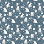 slate gray, white, cute dogs, dog faces, sitting dogs, standing dogs, bone pattern, dog bones, dots, circles, repeating pattern, seamless design, minimalist style, cartoon dogs, pet theme, animal pattern,, fabric panel, whimsical, playful design, modern illustration