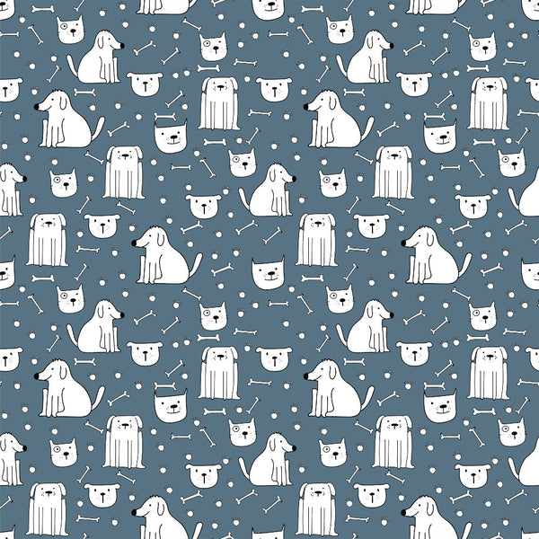 slate gray, white, cute dogs, dog faces, sitting dogs, standing dogs, bone pattern, dog bones, dots, circles, repeating pattern, seamless design, minimalist style, cartoon dogs, pet theme, animal pattern,, fabric panel, whimsical, playful design, modern illustration