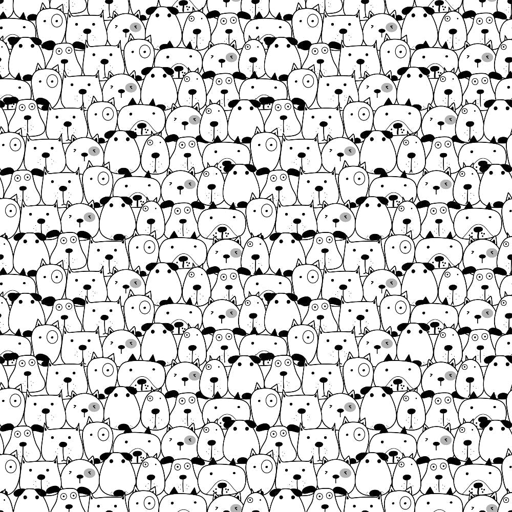 black and white, monochrome, cute dogs, dog faces, animal pattern, repeating design, cartoon style, whimsical, pet themed,, fabric panel, craft material, sewing fabric, playful mood, sketched illustration, dense pattern, adorable pets, dog lover, minimalist colors, hand-drawn style