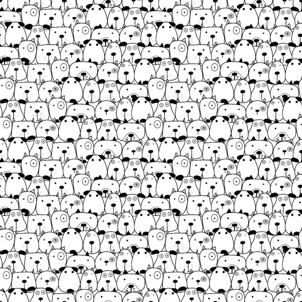 black and white, monochrome, cute dogs, dog faces, animal pattern, repeating design, cartoon style, whimsical, pet themed,, fabric panel, craft material, sewing fabric, playful mood, sketched illustration, dense pattern, adorable pets, dog lover, minimalist colors, hand-drawn style
