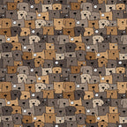 cute dogs, dog faces, brown tones, tan colors, beige shades, cartoon style, playful pattern, pet themed, animal motif,, fabric panel, whimsical design, repetitive pattern, dog lovers, crafting material, sewing fabric, geometric arrangement, earth tones, puppy faces, densely packed