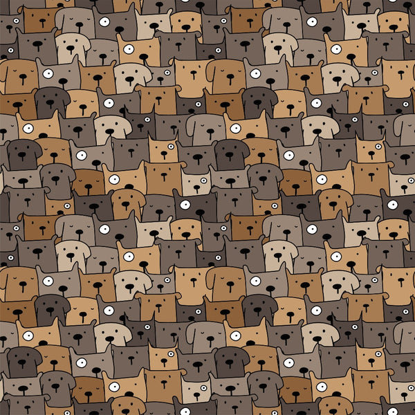 cute dogs, dog faces, brown tones, tan colors, beige shades, cartoon style, playful pattern, pet themed, animal motif,, fabric panel, whimsical design, repetitive pattern, dog lovers, crafting material, sewing fabric, geometric arrangement, earth tones, puppy faces, densely packed