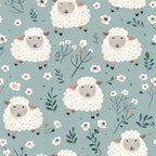 Barnyard Friends Pattern 10 fleece fabric with fluffy white sheep, dark faces, pink ears, small white flowers and green leafy sprigs on a muted blue-green ground