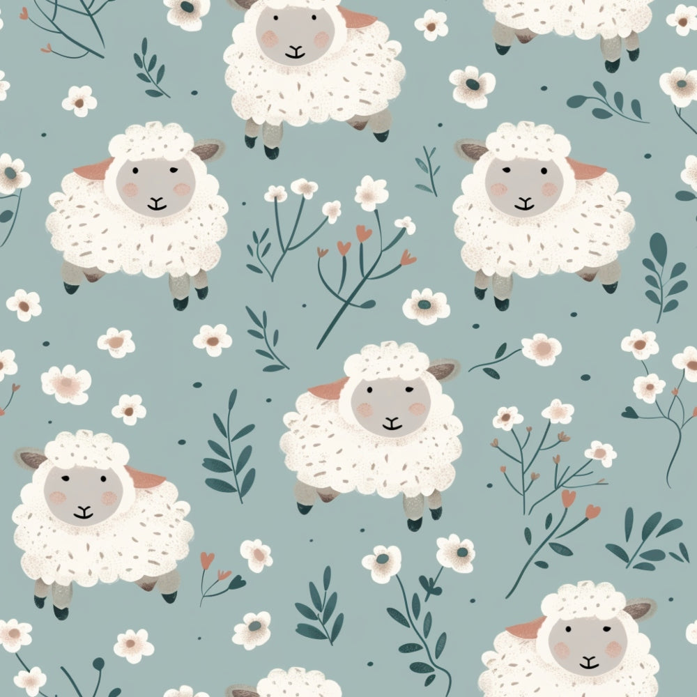 Barnyard Friends Pattern 10 fleece fabric with fluffy white sheep, dark faces, pink ears, small white flowers and green leafy sprigs on a muted blue-green ground