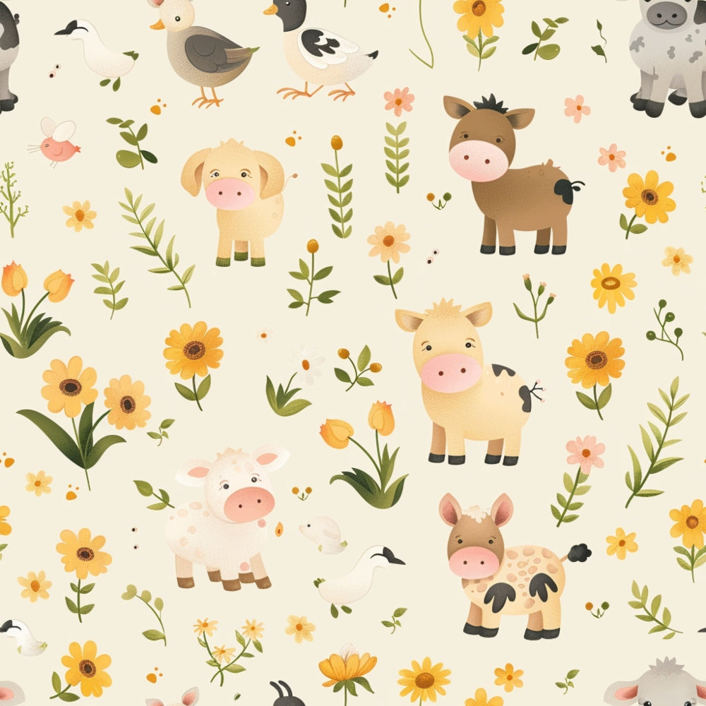 Barnyard Friends Pattern 13 fleece fabric with baby cows, sheep, ducks and birds among yellow and orange flowers with green leaves on a cream ground