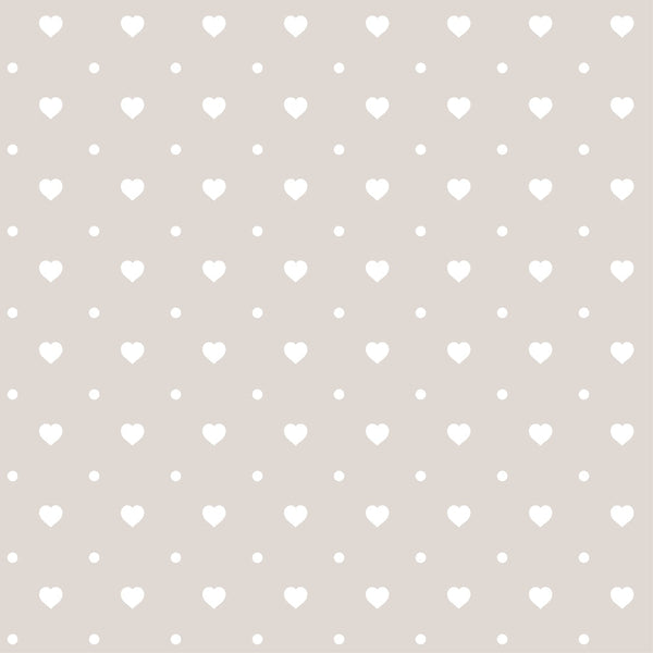 beige, taupe, white hearts, small dots, polka dots, geometric pattern, repeating motif, pastel colors, neutral tones,, fabric panel, cute design, minimalist style, romantic pattern, soft aesthetic, heart shapes, coordinating prints, crafting material, sewing fabric
