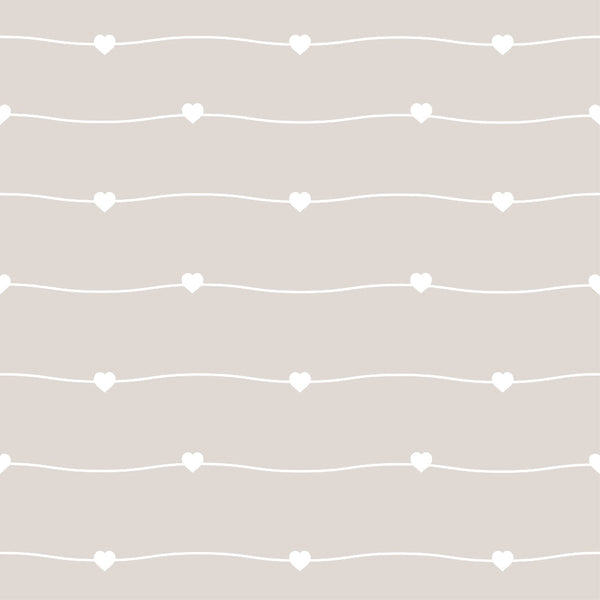 beige, taupe, cream, white hearts, wavy lines, geometric pattern, minimalist design, soft pastel, neutral tones,, fabric panel, delicate motif, romantic theme, subtle texture, crafting material, sewing fabric, gentle curves, heart shapes, muted palette