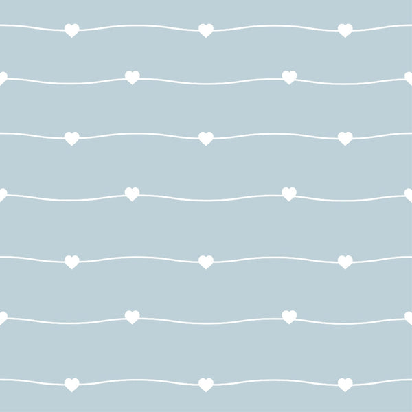 pastel blue, sage green, white hearts, wavy lines, geometric pattern, minimalist design, soft colors,, fabric panel, romantic motif, nursery fabric, baby quilt, delicate pattern, seamless design, love theme, gentle curves, sweet design, craft fabric, sewing material