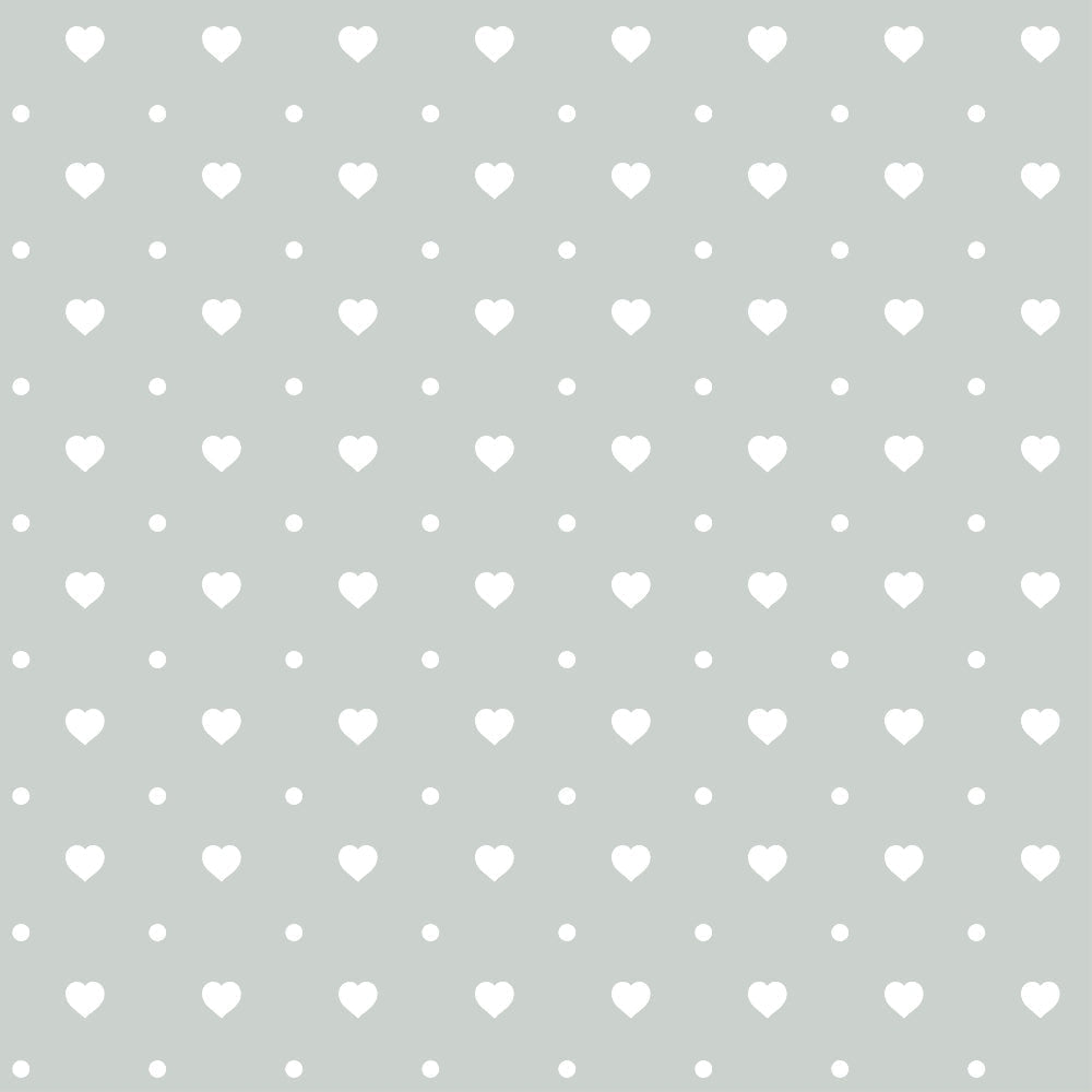 sage green, mint green, white hearts, small dots, geometric pattern, repeating motif, polka dots, heart shapes, soft pastel,, fabric panel, romantic design, nursery fabric, baby quilt, crafting material, sewing fabric, delicate pattern, minimalist design, sweet motifs
