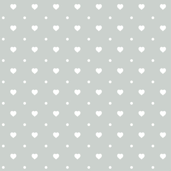 sage green, mint green, white hearts, small dots, geometric pattern, repeating motif, polka dots, heart shapes, soft pastel,, fabric panel, romantic design, nursery fabric, baby quilt, crafting material, sewing fabric, delicate pattern, minimalist design, sweet motifs