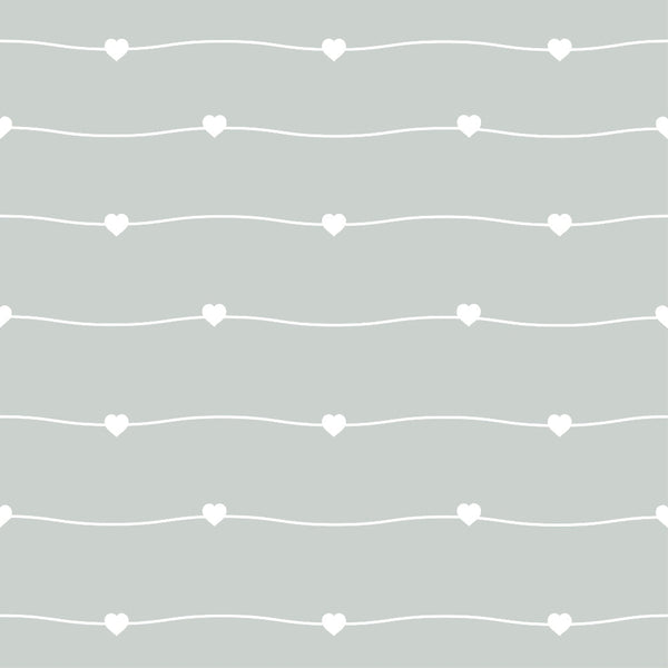 sage green, mint green, pastel colors, white hearts, wavy lines, geometric pattern, repeating design, soft colors, minimalist style,, fabric panel, romantic motifs, delicate pattern, love theme, gentle curves, nursery decor, crafting material, sweet design, subtle texture, modern aesthetic